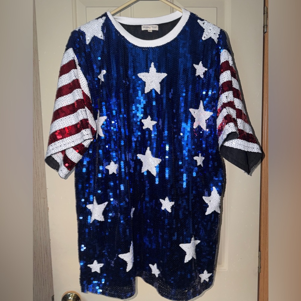 Main Strip Sequin Star Midi Dress - Blue, White & Red